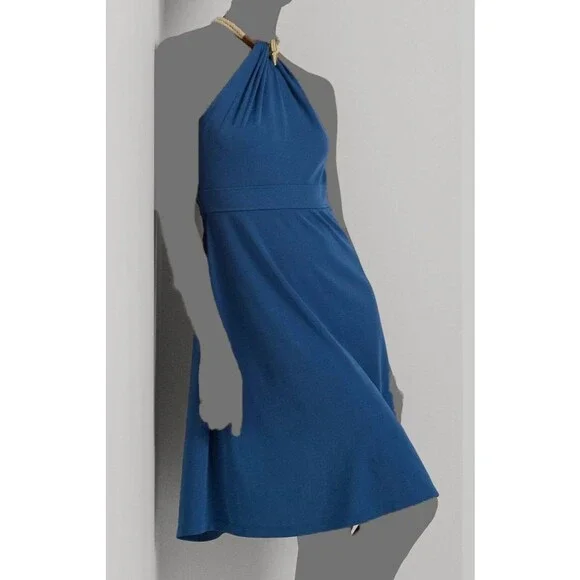 Lauren Ralph Lauren Women's Blue Stretch Jersey Halter Dress Size 14. - Picture 2 of 4